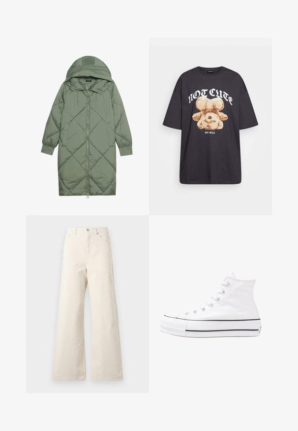 Quiltuotas ilgas žalias pūkinis paltas su kapuce, turintis priekinį užtrauktuką ir dvi šonines kišenes. Visame paviršiuje yra tekstūrinis rombų raštas.; Juodas per didelis marškinėliai su bearo grafika ir tekstu "NE SIAUBINGA, BET NERAMUS" bold baltomis raidėmis. Pagaminta iš medvilnės.; Bežinės plačios kojos kelnės, pagamintos iš medvilnės, su priekiniais mygtukais, šoninėmis kišenėmis ir lygiu paviršiumi. Minimalistinis dizainas be raštų.; Balti aukštakulniai drobės sportbačiai su juodu guminio pado, priekinio guminio piršto dangteliu ir šešiais akytėmis raištams, pasižymintys švariu, minimalistiniu dizainu.