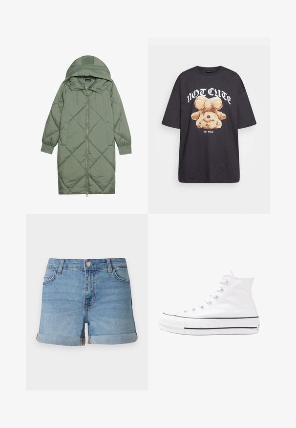 Vihreä vuorattu pitkänmallinen puhvitakki, jossa on huppu, etuvetoketju ja kaksi sivutaskua. Koko takin pinta on teksturoidussa timanttikuviossa.; Mustat ylisuurent-paidat, joissa on karhun grafiikka ja teksti "EI SULOINEN VAAN VILLI" rohkealla valkoisella fontilla. Puuvillamateriaali.; Vaaleansiniset farkkushortsit, joissa on käännetyt lahkeet, etupainike ja viisi taskua, joissa on erottuvat ommeltut yksityiskohdat.; Valkoiset korkeavartiset kangaskengät mustalla kumipohjalla, edessä kuminen varvasosa ja kuusi nauha-aukkoa, puhtaan minimalistisella muotoilulla.