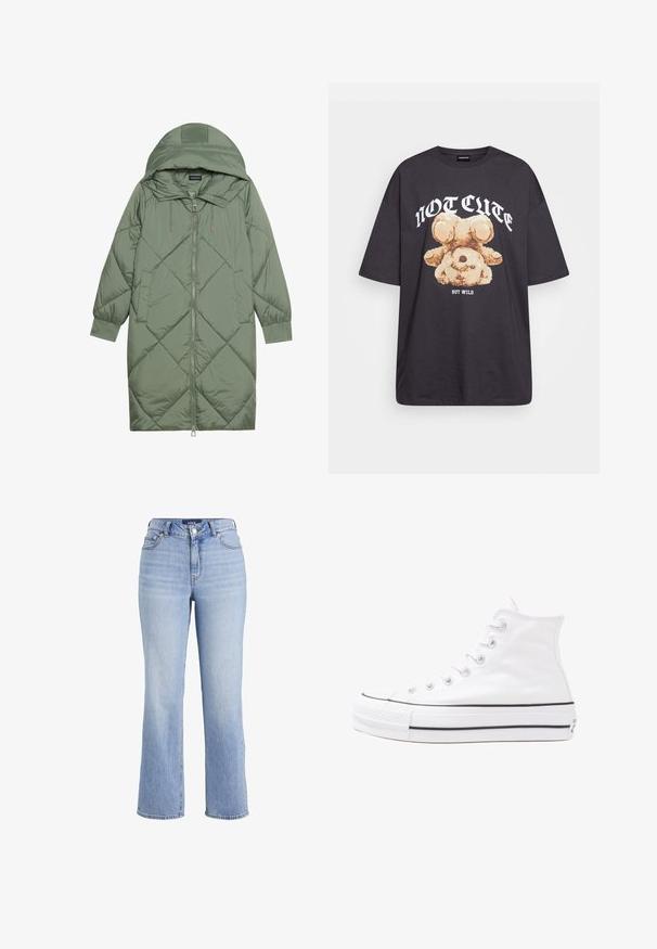 Casaco puffer longo verde acolchoado com capuz, apresentando um fecho frontal com zíper e dois bolsos laterais. Padrão texturizado em forma de diamante por todo o casaco.; T-shirt oversized preto com uma gráfica de um urso e o texto "NÃO FOFO, MAS SELVAGEM" em letras brancas e em negrito. Material em algodão.; Jeans de cintura alta de um azul claro feitos de denim, com um corte de perna reta, design clássico de cinco bolsos e fecho com botão.; Sapatilha alta de tela branca com sola de borracha preta, bico de borracha na frente e seis ilhós para os atacadores, apresentando um design limpo e minimalista.