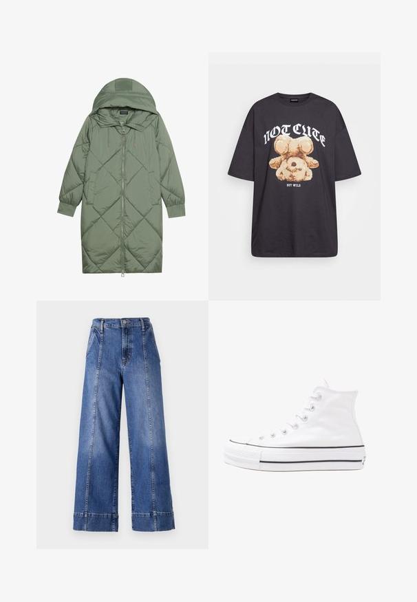 Quiltuotas ilgas žalias pūkinis paltas su kapuce, turintis priekinį užtrauktuką ir dvi šonines kišenes. Visame paviršiuje yra tekstūrinis rombų raštas.; Juodas per didelis marškinėliai su bearo grafika ir tekstu "NE SIAUBINGA, BET NERAMUS" bold baltomis raidėmis. Pagaminta iš medvilnės.; Plati blauji džinsai su aukštu liemeniu, turintys sagos užsegimą, priekinėmis kišenėmis ir matomomis siūlėmis šonuose.; Balti aukštakulniai drobės sportbačiai su juodu guminio pado, priekinio guminio piršto dangteliu ir šešiais akytėmis raištams, pasižymintys švariu, minimalistiniu dizainu.