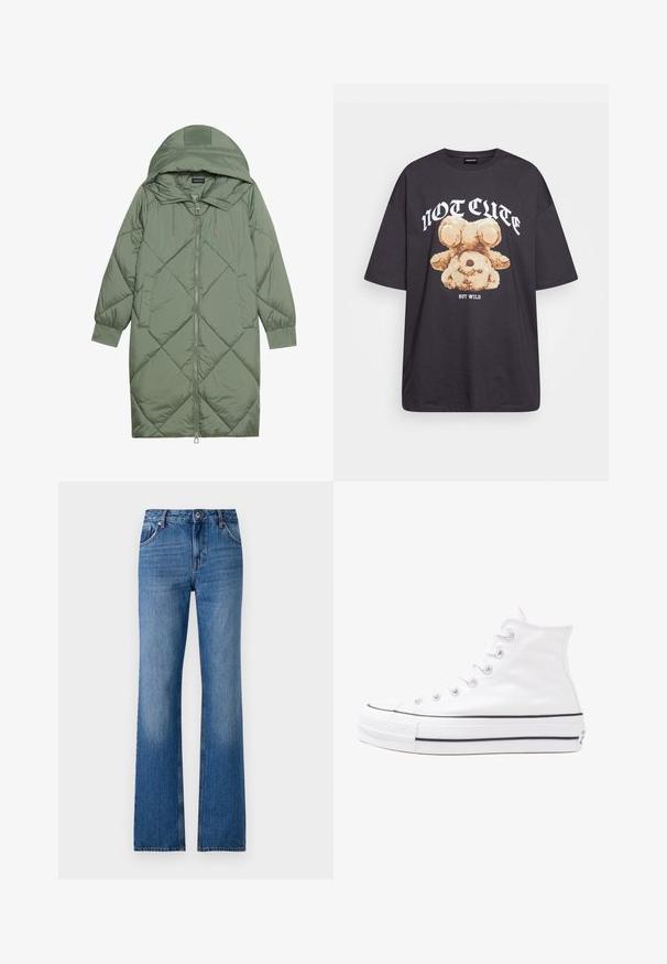 Cele nouă pictate în verde închis, din material pufos, cu glugă, care dispune de închidere cu fermoar frontal și două buzunare laterale. Model texturat cu un model în diamant pe întreaga suprafață.; Tricou oversized negru featuring un grafic cu un urs și textul „NU E DRĂGUȚ DAR SUNT SĂLBATIC” în litere albe, îndrăznețe. Material din bumbac.; Jeans din denim albastru deschis, cu fason evazat, design cu cinci buzunare, închidere cu nasture și o textură ușor decolorată. Deschidere distinctivă la picior larg.; Adidași albi tip pantofi sport cu glezna din pânză, cu talpă din cauciuc negru, capac de vârf din cauciuc frontal și șase ochiuri pentru șireturi, având un design curat și minimalist.