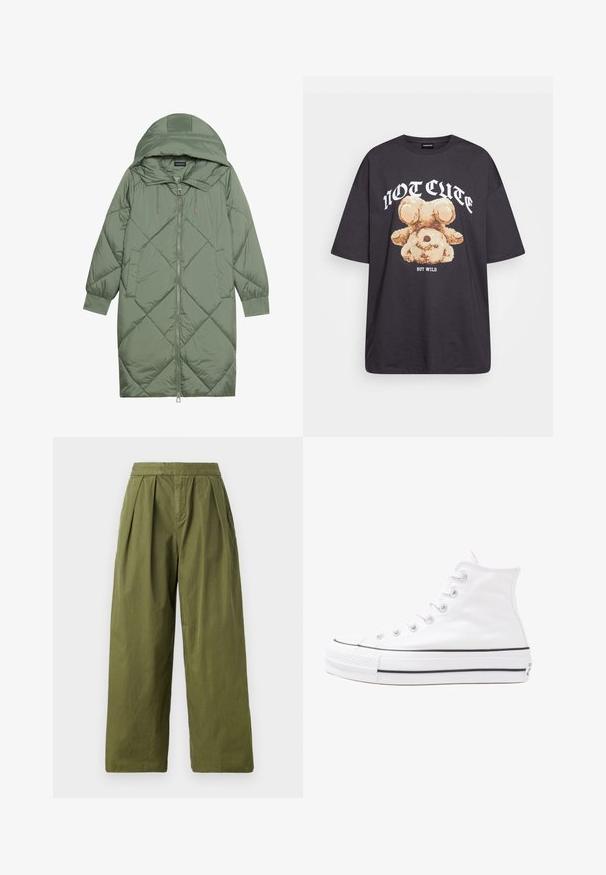 Gequiltede lange groene pufferjas met een capuchon, met een ritssluiting aan de voorkant en twee zijzakken. Gelaagd ruitpatroon overal.; Zwart oversized t-shirt met een afbeelding van een beer en de tekst "NIET SCHATTIG, MAAR WILD" in grote, witte letters. Gemaakt van katoen.; Olijfgroene wijde broek van lichtgewicht stof, met plooien bij de taille en een naadloze structuur zonder zakken.; Witte high-top canvas sneakers met een zwarte rubberen zool, een rubberen neuskap aan de voorkant en zes gaatjes voor veters, met een schone, minimalistische uitstraling.