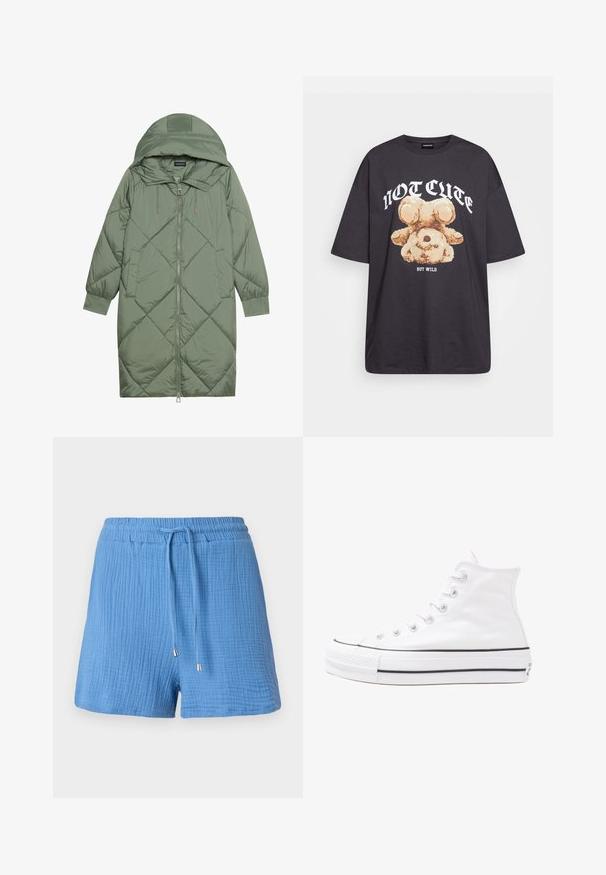 Prostorna dolga zeleni puffer plašč s kapuco, z zadrgo spredaj in dvema stranskima žepoma. Tekstura z diamantnim vzorcem po celotni površini.; Črna oversized majica s kratkimi rokavi, na kateri je grafika medveda z besedilom „NI SRČKAN VKLJUČNO Z DIVJIM“ v poudarjenem belem tisku. Material: bombaž.; Modre bombažne kratke hlače z teksturirano, nagubano zasnovo, elastičnim pasom, nastavljivim vrvico in kovinskimi konicami.; Beli visoki platneni športni čevelj z črnim gumijastim podplatom, sprednjim gumijastim zaščitnikom za prste in šestimi luknjicami za vezalke, ki se ponaša s preprostim, minimalističnim dizajnom.