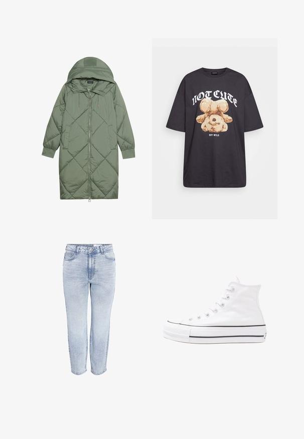 Quiltuotas ilgas žalias pūkinis paltas su kapuce, turintis priekinį užtrauktuką ir dvi šonines kišenes. Visame paviršiuje yra tekstūrinis rombų raštas.; Juodas per didelis marškinėliai su bearo grafika ir tekstu "NE SIAUBINGA, BET NERAMUS" bold baltomis raidėmis. Pagaminta iš medvilnės.; Šviesiai mėlyni aukštu liemeniu tiesūs džinsai su priekiniais saga, užtrauktuku ir penkiomis kišenėmis ant baltos fono.; Balti aukštakulniai drobės sportbačiai su juodu guminio pado, priekinio guminio piršto dangteliu ir šešiais akytėmis raištams, pasižymintys švariu, minimalistiniu dizainu.