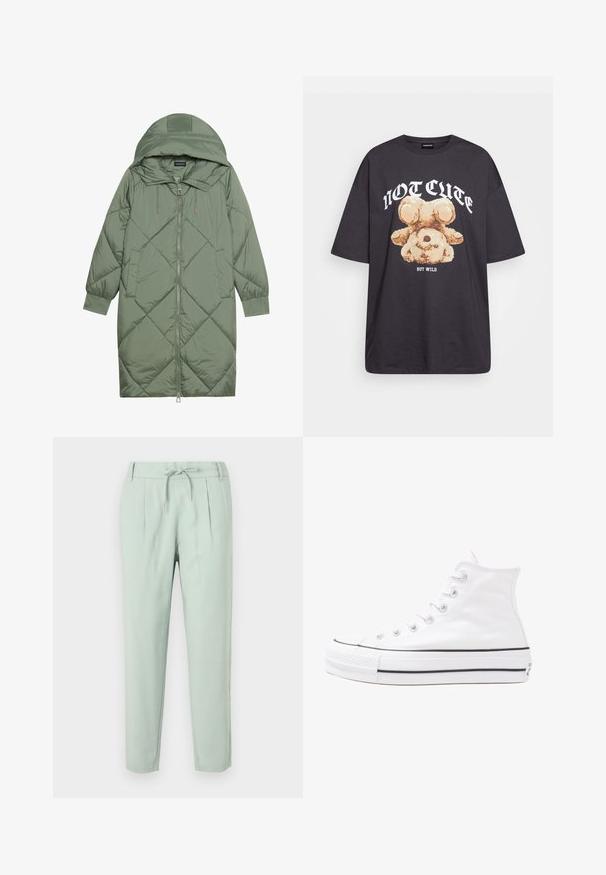 Prostorna dolga zeleni puffer plašč s kapuco, z zadrgo spredaj in dvema stranskima žepoma. Tekstura z diamantnim vzorcem po celotni površini.; Črna oversized majica s kratkimi rokavi, na kateri je grafika medveda z besedilom „NI SRČKAN VKLJUČNO Z DIVJIM“ v poudarjenem belem tisku. Material: bombaž.; Svetlo zelene hlače z vrvico v pasu, zožnimi nogami in naborki. Narejene so iz gladkega, lahkega materiala z stranskimi žepi.; Beli visoki platneni športni čevelj z črnim gumijastim podplatom, sprednjim gumijastim zaščitnikom za prste in šestimi luknjicami za vezalke, ki se ponaša s preprostim, minimalističnim dizajnom.