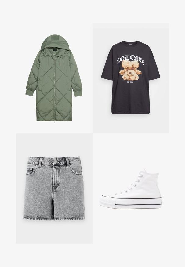 Quiltuotas ilgas žalias pūkinis paltas su kapuce, turintis priekinį užtrauktuką ir dvi šonines kišenes. Visame paviršiuje yra tekstūrinis rombų raštas.; Juodas per didelis marškinėliai su bearo grafika ir tekstu "NE SIAUBINGA, BET NERAMUS" bold baltomis raidėmis. Pagaminta iš medvilnės.; Juodi ir pilki džinsiniai šortai su didele juosmeniu, penkių kišenių dizainu ir suplėšytu kraštu. Yra išblukusios tekstūros ir metalinėmygtukų uždarymu.; Balti aukštakulniai drobės sportbačiai su juodu guminio pado, priekinio guminio piršto dangteliu ir šešiais akytėmis raištams, pasižymintys švariu, minimalistiniu dizainu.