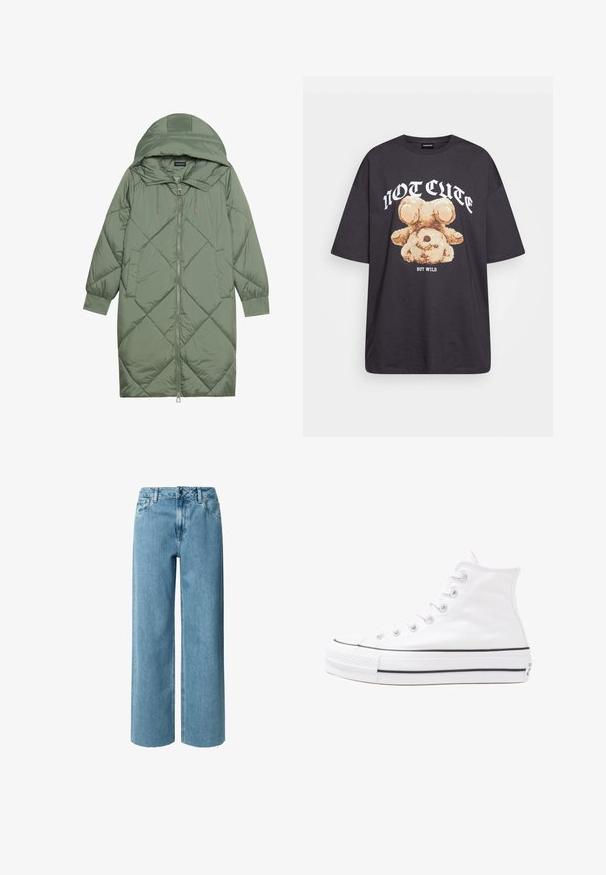 Casaco puffer longo verde acolchoado com capuz, apresentando um fecho frontal com zíper e dois bolsos laterais. Padrão texturizado em forma de diamante por todo o casaco.; T-shirt oversized preto com uma gráfica de um urso e o texto "NÃO FOFO, MAS SELVAGEM" em letras brancas e em negrito. Material em algodão.; Calças de ganga azul de perna larga com uma cintura alta, apresentando passantes para cinto, fecho de correr e bainhas desfiadas. O tecido tem uma textura suave e macia.; Sapatilha alta de tela branca com sola de borracha preta, bico de borracha na frente e seis ilhós para os atacadores, apresentando um design limpo e minimalista.