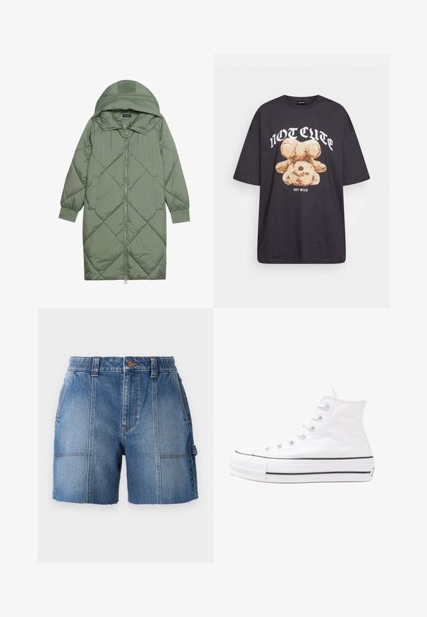 Izšūts garš zaļš pūšļa mētelis ar kapuci, ar priekšējo rāvējslēdzēju un divām sānu kabatām. Visā virsmā ir teksturēta dimanta raksts.; Melna, pārmērīga t-kreklu, kurā attēlots lācis ar uzrakstu "NAV MIERĪGS, BET VILKIS" treknos baltos burtiem. Izgatavots no kokvilnas materiāla.; Gai zilu džinsu šorti ar saplēstiem maliņām, ar pieguļošu jostasvietu, jostas cilpām un divām priekšējām kabatām.; Balti augstie kanvas sporta apavi ar melnu gumijas zoli, priekšējo gumijas purngalu un sešām acīm lencēm, kuriem ir tīrs, minimālistisks dizains.