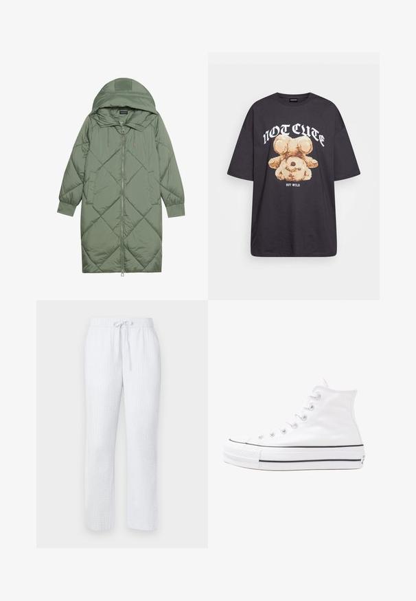 Quiltana duga zelena puffer jakna s kapuljačom, s prednjim zatvaračem i dva bočna džepa. Teksturni dijamantni uzorak kroz cijelu jaknu.; Crna oversized majica s grafikom medvjeda i natpisom "NIJE SLATKO, ALI DIVLJE" u podebljanim, bijelim slovima. Pamuk.; Svijetloplave pidžama hlače s teksturiranim uzorkom, elastičnim pojasom i vezicom. Ravne nogavice, lagana tkanina.; Bijela visoka platnena tenisica s crnom gumenom potplatom, prednjim gumenim zaštitnikom prstiju i šest rupa za vezanje, s čistim, minimalističkim dizajnom.