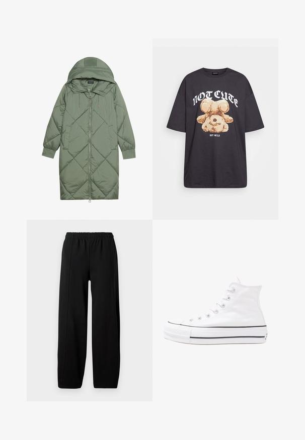 Vihreä vuorattu pitkänmallinen puhvitakki, jossa on huppu, etuvetoketju ja kaksi sivutaskua. Koko takin pinta on teksturoidussa timanttikuviossa.; Mustat ylisuurent-paidat, joissa on karhun grafiikka ja teksti "EI SULOINEN VAAN VILLI" rohkealla valkoisella fontilla. Puuvillamateriaali.; Mustat leveät housut, joissa on joustava vyötärö ja näkyvät pystysaumat jokaisessa jalassa valkoista taustaa vasten.; Valkoiset korkeavartiset kangaskengät mustalla kumipohjalla, edessä kuminen varvasosa ja kuusi nauha-aukkoa, puhtaan minimalistisella muotoilulla.