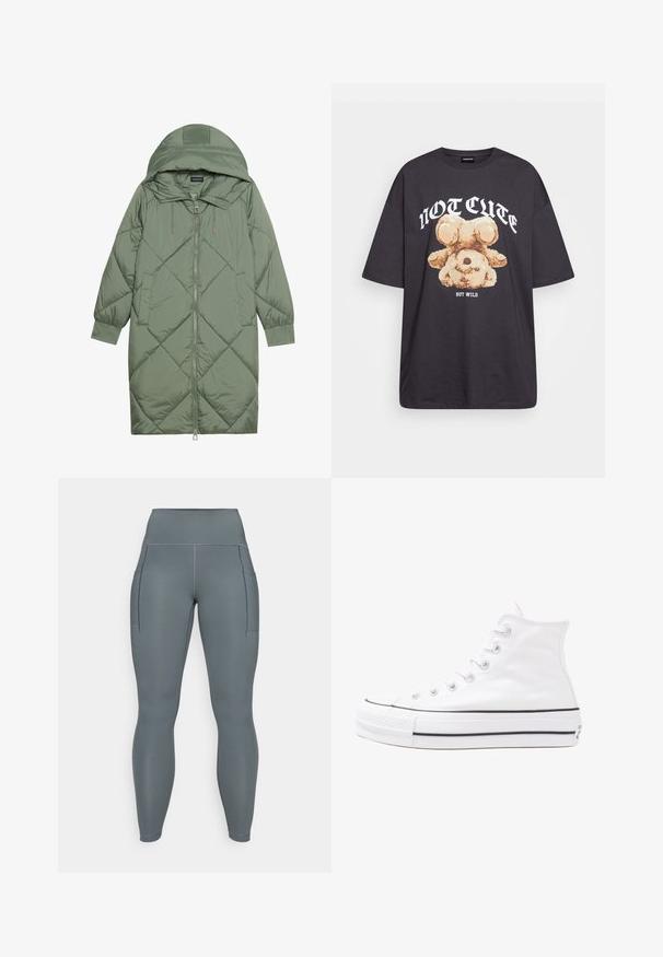 Zelený prešívaný páperový kabát s kapucňou, so zipsovým uzáverom vpredu a dvoma bočnými vreckami. Po celom povrchu je textúrovaný diamantový vzor.; Čierne oversized tričko s grafikou medveďa a textom "NIE ROZTOMILÉ ALE DIVOKÉ" v tučnom bielom písmene. Bavlnený materiál.; Sivé legíny s vysokým pásom, vybavené dvoma bočnými vreckami, vyrobené z elastického materiálu, s plochými švami a hladkým povrchom.; Biele vysoké plátené tenisky s čiernou gumovou podošvou, prednou gumovou špičkou a šiestimi okami na šnúrky, s čistým, minimalistickým dizajnom.
