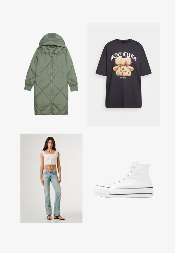 Vihreä vuorattu pitkänmallinen puhvitakki, jossa on huppu, etuvetoketju ja kaksi sivutaskua. Koko takin pinta on teksturoidussa timanttikuviossa.; Mustat ylisuurent-paidat, joissa on karhun grafiikka ja teksti "EI SULOINEN VAAN VILLI" rohkealla valkoisella fontilla. Puuvillamateriaali.; Valkoinen lyhyt toppi, jossa on silmukkakuvio ja lehden muotoinen helma, yhdistettynä vaalean sinisiin suoriin farkkuihin ja mustiin flip-flop -sandaaleihin.; Valkoiset korkeavartiset kangaskengät mustalla kumipohjalla, edessä kuminen varvasosa ja kuusi nauha-aukkoa, puhtaan minimalistisella muotoilulla.