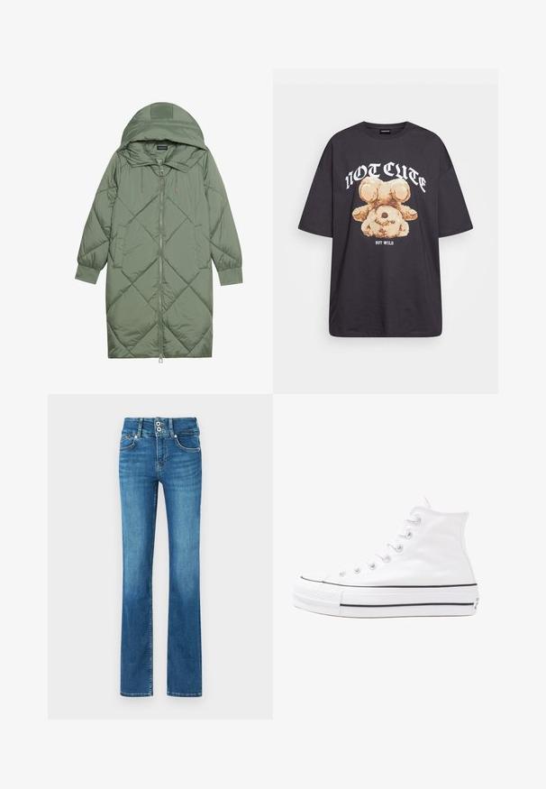 Quiltana duga zelena puffer jakna s kapuljačom, s prednjim zatvaračem i dva bočna džepa. Teksturni dijamantni uzorak kroz cijelu jaknu.; Crna oversized majica s grafikom medvjeda i natpisom "NIJE SLATKO, ALI DIVLJE" u podebljanim, bijelim slovima. Pamuk.; Plave traperice s raširenim nogavicama i srednjim strukom, s dva prednja džepa, dva stražnja džepa i kontrastnim šavovima.; Bijela visoka platnena tenisica s crnom gumenom potplatom, prednjim gumenim zaštitnikom prstiju i šest rupa za vezanje, s čistim, minimalističkim dizajnom.