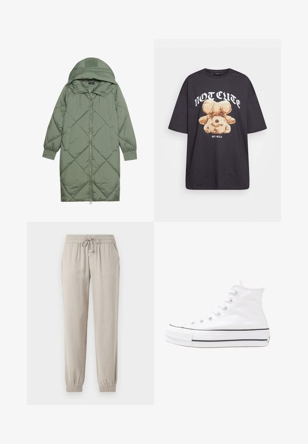 Steppelt, hosszú zöld pufikabát kapucnival, elöl cipzáras záródással és két oldalsó zsebből áll. Az anyagon teljes hosszában váltakozó gyémántmintázat található.; Fekete, oversized póló, rajta egy medvével és a "NEM CUKI, HANEM FÉKTELEN" felirattal vastag, fehér betűkkel. Pamut anyag.; Világos bézs színű, puha anyagból készült jogger nadrág, rugalmas derékkal, zsinórral, oldalsó zsebekkel és rugalmas mandzsettákkal.; Fehér magaskorsó vászon sportcipő fekete gumi talppal, elülső gumi orrnyereggel és hat fűzőlyukkal, letisztult, minimalista dizájnnal.