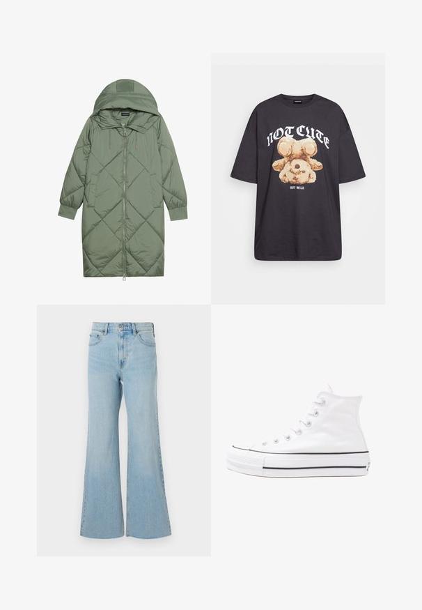 Steppelt, hosszú zöld pufikabát kapucnival, elöl cipzáras záródással és két oldalsó zsebből áll. Az anyagon teljes hosszában váltakozó gyémántmintázat található.; Fekete, oversized póló, rajta egy medvével és a "NEM CUKI, HANEM FÉKTELEN" felirattal vastag, fehér betűkkel. Pamut anyag.; Világoskék, bővülő szárú farmernadrág magas derékkal, klasszikus gombos és cipzáras záródással, valamint enyhe kopással az anyagban.; Fehér magaskorsó vászon sportcipő fekete gumi talppal, elülső gumi orrnyereggel és hat fűzőlyukkal, letisztult, minimalista dizájnnal.