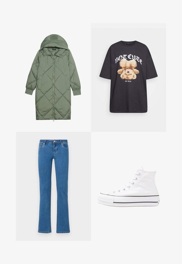 Prostorna dolga zeleni puffer plašč s kapuco, z zadrgo spredaj in dvema stranskima žepoma. Tekstura z diamantnim vzorcem po celotni površini.; Črna oversized majica s kratkimi rokavi, na kateri je grafika medveda z besedilom „NI SRČKAN VKLJUČNO Z DIVJIM“ v poudarjenem belem tisku. Material: bombaž.; Modre flare jeans iz denima s klasičnim pet-pocket dizajnom. Srednje težka tkanina z gladko teksturo in podrobnostmi šivanja vzdolž šivov.; Beli visoki platneni športni čevelj z črnim gumijastim podplatom, sprednjim gumijastim zaščitnikom za prste in šestimi luknjicami za vezalke, ki se ponaša s preprostim, minimalističnim dizajnom.