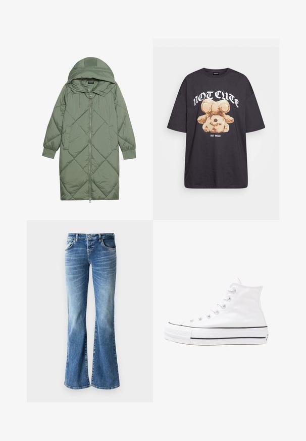Gequiltede lange groene pufferjas met een capuchon, met een ritssluiting aan de voorkant en twee zijzakken. Gelaagd ruitpatroon overal.; Zwart oversized t-shirt met een afbeelding van een beer en de tekst "NIET SCHATTIG, MAAR WILD" in grote, witte letters. Gemaakt van katoen.; Lichtblauwe denim flared jeans met een vervaagde wassing, vijf zakken, gestikte details en een rits met knopsluiting.; Witte high-top canvas sneakers met een zwarte rubberen zool, een rubberen neuskap aan de voorkant en zes gaatjes voor veters, met een schone, minimalistische uitstraling.