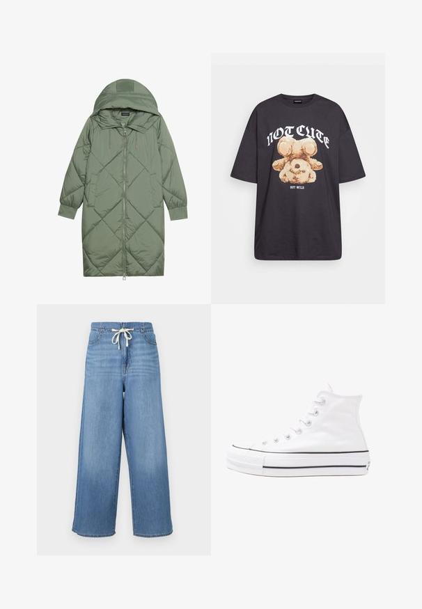 Quilted long green puffer coat with a hood, featuring a front zipper closure and two side pockets. Textured diamond pattern throughout.; Black oversized t-shirt featuring a graphic of a bear with the text “NOT CUTE BUT WILD” in bold, white lettering. Cotton material.; Wide-leg denim pants in light blue. Features a drawstring waist, classic five-pocket design, and smooth texture with subtle fading.; White high-top canvas sneaker with black rubber sole, front rubber toe cap, and six eyelets for laces, featuring a clean, minimalist design.