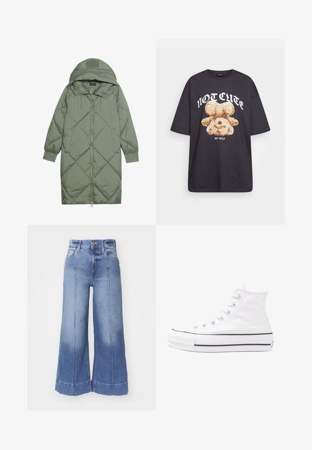 Quiltana duga zelena puffer jakna s kapuljačom, s prednjim zatvaračem i dva bočna džepa. Teksturni dijamantni uzorak kroz cijelu jaknu.; Crna oversized majica s grafikom medvjeda i natpisom "NIJE SLATKO, ALI DIVLJE" u podebljanim, bijelim slovima. Pamuk.; Široke traperice svijetloplave boje, s visokim strukom, izblijedjelim dizajnom, prednjim džepovima i šivanim detaljima duž nogavica.; Bijela visoka platnena tenisica s crnom gumenom potplatom, prednjim gumenim zaštitnikom prstiju i šest rupa za vezanje, s čistim, minimalističkim dizajnom.
