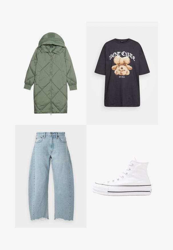 Quiltana duga zelena puffer jakna s kapuljačom, s prednjim zatvaračem i dva bočna džepa. Teksturni dijamantni uzorak kroz cijelu jaknu.; Crna oversized majica s grafikom medvjeda i natpisom "NIJE SLATKO, ALI DIVLJE" u podebljanim, bijelim slovima. Pamuk.; Svijetloplave traperice s širokim nogavicama, strganim rubom i klasičnim dizajnom s pet džepova. Klasično zatvaranje na gumb i patentni zatvarač.; Bijela visoka platnena tenisica s crnom gumenom potplatom, prednjim gumenim zaštitnikom prstiju i šest rupa za vezanje, s čistim, minimalističkim dizajnom.