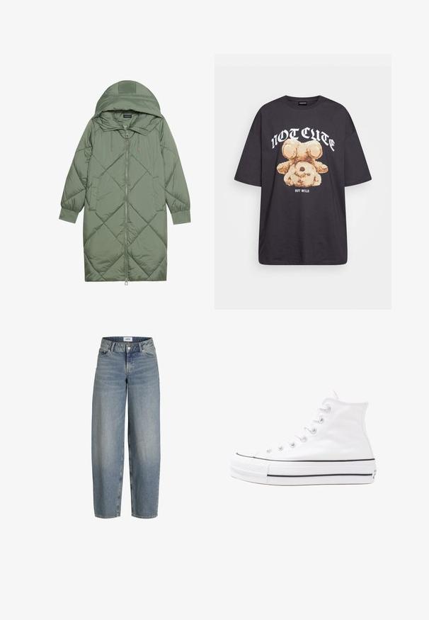 Casaco puffer longo verde acolchoado com capuz, apresentando um fecho frontal com zíper e dois bolsos laterais. Padrão texturizado em forma de diamante por todo o casaco.; T-shirt oversized preto com uma gráfica de um urso e o texto "NÃO FOFO, MAS SELVAGEM" em letras brancas e em negrito. Material em algodão.; Jeans de corte largo, azul claro e de cintura alta, feitos de tecido de denim. Apresentam cinco bolsos e um fecho tradicional de botão e zip.; Sapatilha alta de tela branca com sola de borracha preta, bico de borracha na frente e seis ilhós para os atacadores, apresentando um design limpo e minimalista.