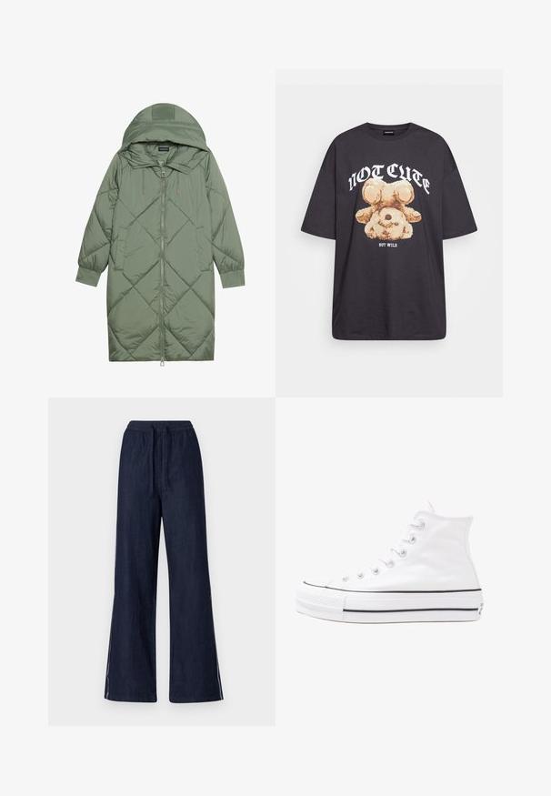 Cele nouă pictate în verde închis, din material pufos, cu glugă, care dispune de închidere cu fermoar frontal și două buzunare laterale. Model texturat cu un model în diamant pe întreaga suprafață.; Tricou oversized negru featuring un grafic cu un urs și textul „NU E DRĂGUȚ DAR SUNT SĂLBATIC” în litere albe, îndrăznețe. Material din bumbac.; Pantaloni largi din denim închis, cu un elastic la talie și șnur, având dungi albe pe fiecare picior. Textură netedă.; Adidași albi tip pantofi sport cu glezna din pânză, cu talpă din cauciuc negru, capac de vârf din cauciuc frontal și șase ochiuri pentru șireturi, având un design curat și minimalist.