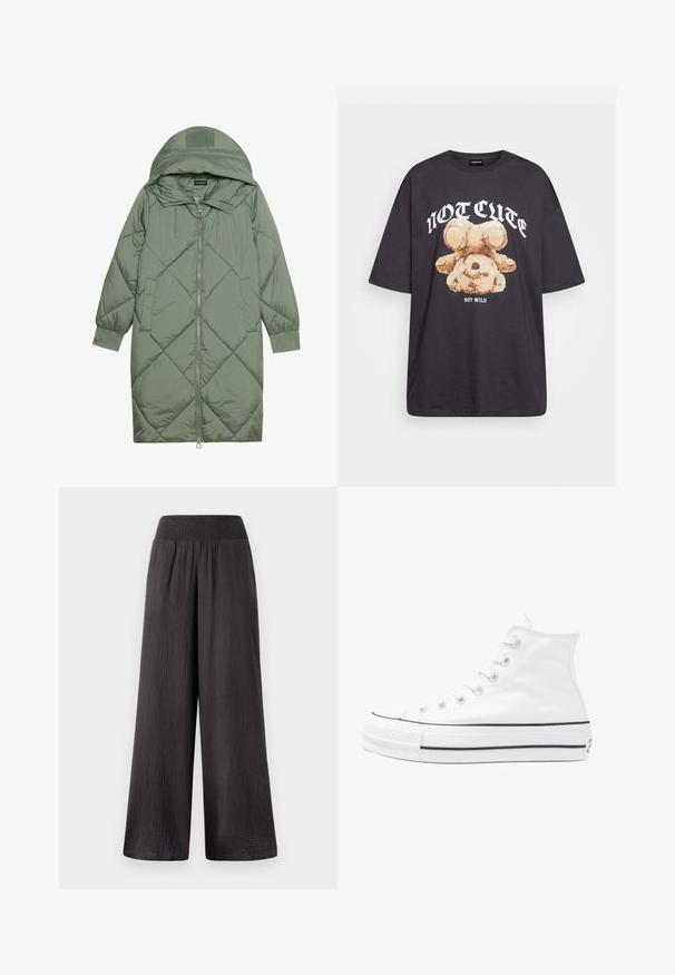 Cappotto lungo imbottito verde con un cappuccio, caratterizzato da una chiusura frontale a zip e due tasche laterali. Motivo a rombi testurizzati su tutta la superficie.; T-shirt nera oversize con una grafica di un orso e la scritta "NON CARINA MA SELVAGGIA" in grassetto, lettere bianche. Materiale in cotone.; Pantaloni neri a gamba larga con cinturino arricciato, realizzati in tessuto leggero e testurizzato, caratterizzati da una vestibilità comoda e un design a lunghezza intera.; Sneaker alta in tela bianca con suola in gomma nera, punta in gomma frontale e sei asole per i lacci, caratterizzata da un design pulito e minimalista.