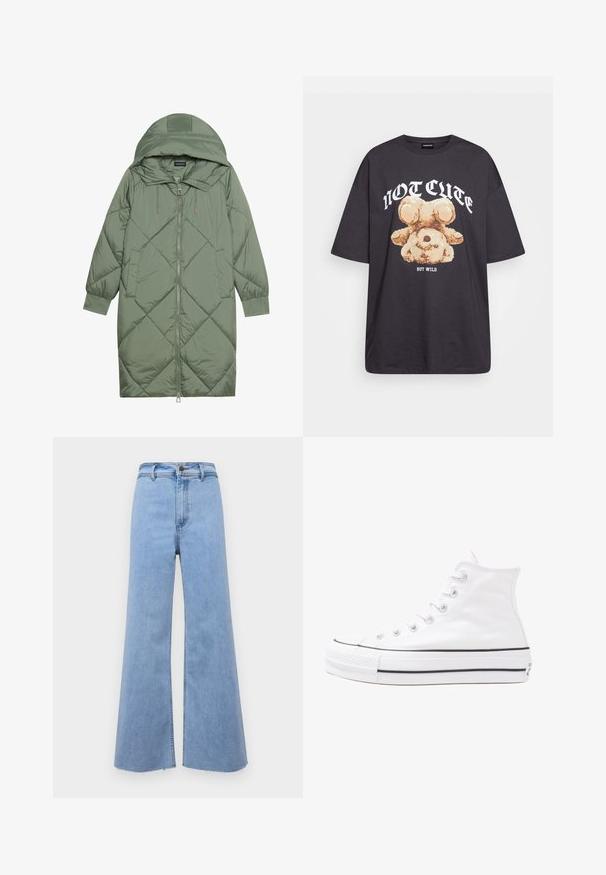 Quilted long green puffer coat with a hood, featuring a front zipper closure and two side pockets. Textured diamond pattern throughout.; Black oversized t-shirt featuring a graphic of a bear with the text “NOT CUTE BUT WILD” in bold, white lettering. Cotton material.; Light blue wide-leg jeans with a high waist, frayed hem, and front button closure. Made from denim, featuring a smooth texture and clean lines.; White high-top canvas sneaker with black rubber sole, front rubber toe cap, and six eyelets for laces, featuring a clean, minimalist design.