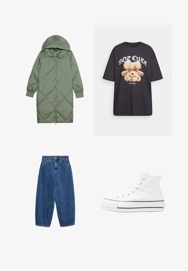 Casaco puffer longo verde acolchoado com capuz, apresentando um fecho frontal com zíper e dois bolsos laterais. Padrão texturizado em forma de diamante por todo o casaco.; T-shirt oversized preto com uma gráfica de um urso e o texto "NÃO FOFO, MAS SELVAGEM" em letras brancas e em negrito. Material em algodão.; Calças de ganga azul com cintura alta, corte descontraído e pernas direitas. Design clássico com cinco bolsos, fecho de correr e botão.; Sapatilha alta de tela branca com sola de borracha preta, bico de borracha na frente e seis ilhós para os atacadores, apresentando um design limpo e minimalista.
