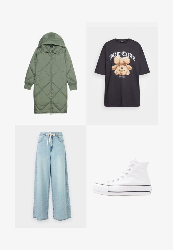 Prostorna dolga zeleni puffer plašč s kapuco, z zadrgo spredaj in dvema stranskima žepoma. Tekstura z diamantnim vzorcem po celotni površini.; Črna oversized majica s kratkimi rokavi, na kateri je grafika medveda z besedilom „NI SRČKAN VKLJUČNO Z DIVJIM“ v poudarjenem belem tisku. Material: bombaž.; Svijetloplavi široki traperice s elastičnim pojasom i vezicom. Ima tradicionalne džepove i izblijedjeli teksturirani traper.; Beli visoki platneni športni čevelj z črnim gumijastim podplatom, sprednjim gumijastim zaščitnikom za prste in šestimi luknjicami za vezalke, ki se ponaša s preprostim, minimalističnim dizajnom.