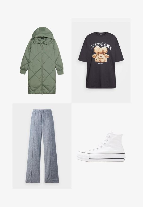Gesteppten langer grüner Daunenmantel mit Kapuze, mit einem Reißverschluss vorne und zwei Seitentaschen. Strukturiertes Rautenmuster auf der gesamten Fläche.; Schwarzes, übergroßes T-Shirt mit einem Grafikdruck eines Bären und dem Text "NICHT SÜß, SONDERN WILD" in fetter, weißer Schrift. Baumwollmaterial.; Weite Hosen aus einem hellblauen Stoff mit einer subtilen Textur, ausgestattet mit einem elastischen Bund und einem Kordelzug zur Anpassung.; Weiße hochwertige Leinensneaker mit schwarzer Gummisohle, vorderem Gummizehenschutz und sechs Ösen für Schnürsenkel, die ein sauberes, minimalistisches Design aufweisen.