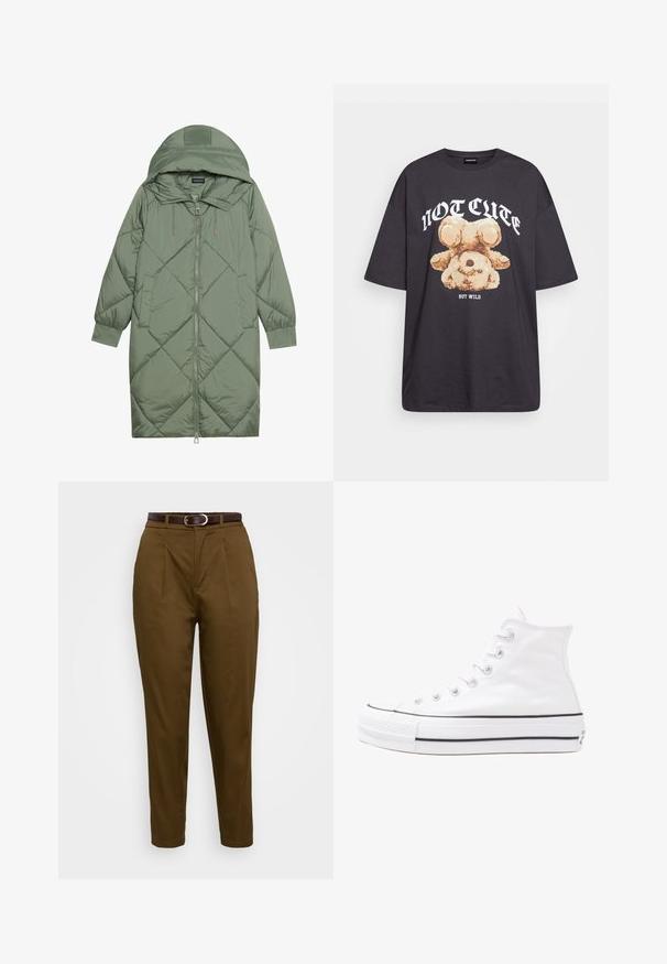 Prostorna dolga zeleni puffer plašč s kapuco, z zadrgo spredaj in dvema stranskima žepoma. Tekstura z diamantnim vzorcem po celotni površini.; Črna oversized majica s kratkimi rokavi, na kateri je grafika medveda z besedilom „NI SRČKAN VKLJUČNO Z DIVJIM“ v poudarjenem belem tisku. Material: bombaž.; Rjav krojeni hlače z gladkim materialom, ki vključujejo sprednje pregibe in rjav usnjen pas z srebrno sponko. Elegantna zasnova z ožjim krojem.; Beli visoki platneni športni čevelj z črnim gumijastim podplatom, sprednjim gumijastim zaščitnikom za prste in šestimi luknjicami za vezalke, ki se ponaša s preprostim, minimalističnim dizajnom.