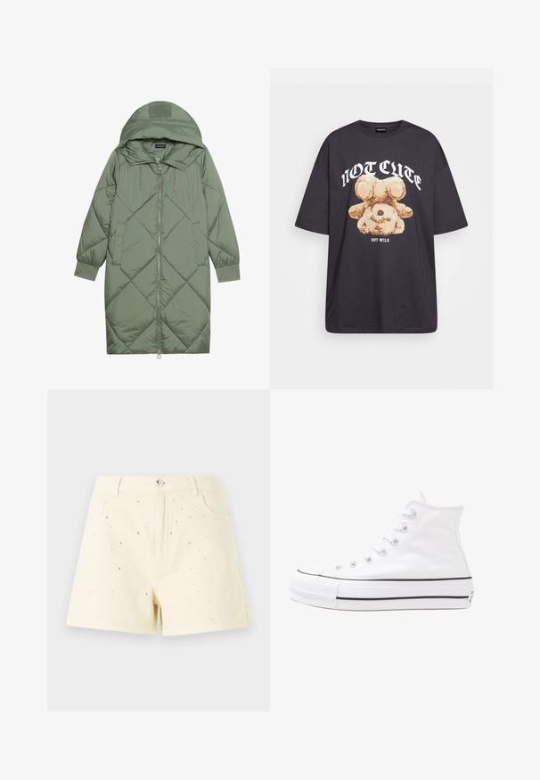 Cele nouă pictate în verde închis, din material pufos, cu glugă, care dispune de închidere cu fermoar frontal și două buzunare laterale. Model texturat cu un model în diamant pe întreaga suprafață.; Tricou oversized negru featuring un grafic cu un urs și textul „NU E DRĂGUȚ DAR SUNT SĂLBATIC” în litere albe, îndrăznețe. Material din bumbac.; Shorts din denim galben, cu talie înaltă și o croială lejeră, decorati cu mici cuie din argint împrăștiate pe față pentru detaliu.; Adidași albi tip pantofi sport cu glezna din pânză, cu talpă din cauciuc negru, capac de vârf din cauciuc frontal și șase ochiuri pentru șireturi, având un design curat și minimalist.
