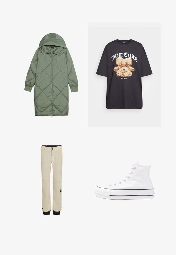 Vihreä vuorattu pitkänmallinen puhvitakki, jossa on huppu, etuvetoketju ja kaksi sivutaskua. Koko takin pinta on teksturoidussa timanttikuviossa.; Mustat ylisuurent-paidat, joissa on karhun grafiikka ja teksti "EI SULOINEN VAAN VILLI" rohkealla valkoisella fontilla. Puuvillamateriaali.; Vaaleat hiihtopantsit, joissa on hillitty tekstuuri, vetoketjuhaitarit ja mustat yksityiskohdat helmassa. Vyötäröllä on kaksi nappia.; Valkoiset korkeavartiset kangaskengät mustalla kumipohjalla, edessä kuminen varvasosa ja kuusi nauha-aukkoa, puhtaan minimalistisella muotoilulla.