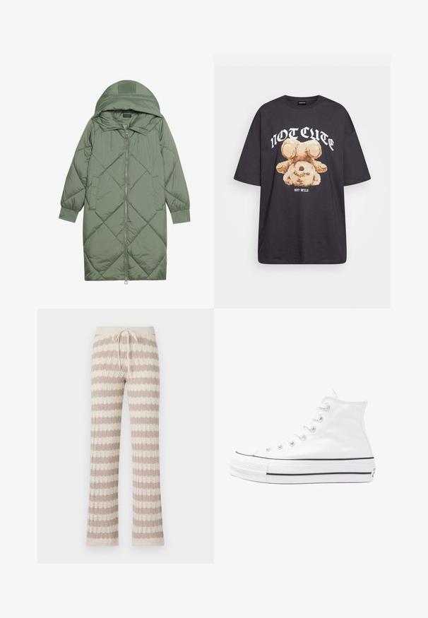 Vihreä vuorattu pitkänmallinen puhvitakki, jossa on huppu, etuvetoketju ja kaksi sivutaskua. Koko takin pinta on teksturoidussa timanttikuviossa.; Mustat ylisuurent-paidat, joissa on karhun grafiikka ja teksti "EI SULOINEN VAAN VILLI" rohkealla valkoisella fontilla. Puuvillamateriaali.; Neule harelöyppäpökät, joissa on vaaleanbeigejä ja kreemin värisiä pystysuoria raitoja, sisältäen naruvarren ja avoimen neulepinnan.; Valkoiset korkeavartiset kangaskengät mustalla kumipohjalla, edessä kuminen varvasosa ja kuusi nauha-aukkoa, puhtaan minimalistisella muotoilulla.