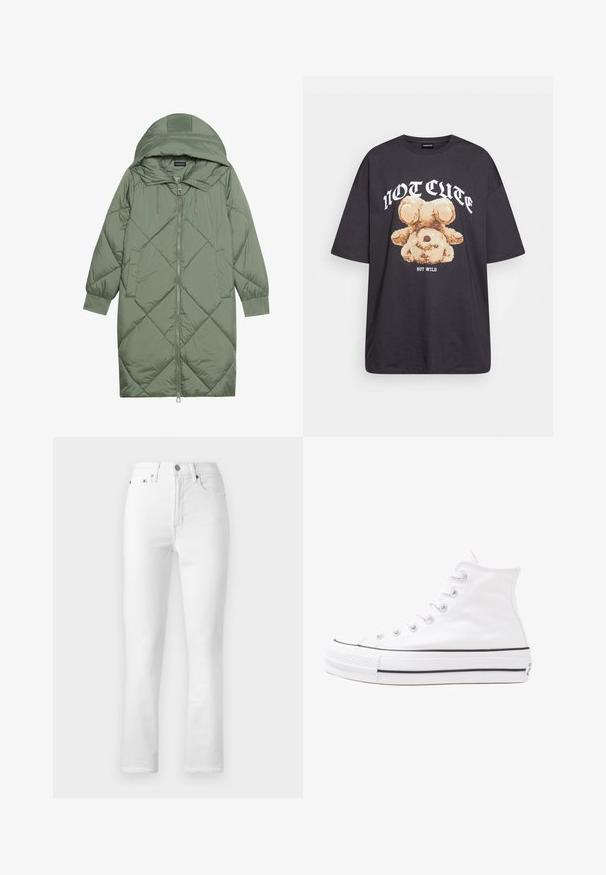 Abrigo acolchado largo verde tipo puffer con capucha, que presenta un cierre frontal con cremallera y dos bolsillos laterales. Patrón de diamantes texturizado en toda su superficie.; Camiseta negra de gran tamaño con un gráfico de un oso y el texto "NO LINDO SINO SALVAJE" en letras blancas y en negrita. Material de algodón.; Jeans de mezclilla blanca con un diseño de pierna recta, cintura alta, estilo de cinco bolsillos y detalles de costura sutiles. Textura suave, hardware mínimo.; Zapatilla de lona alta blanca con suela de goma negra, puntera de goma frontal y seis ojetes para los cordones, que presenta un diseño limpio y minimalista.