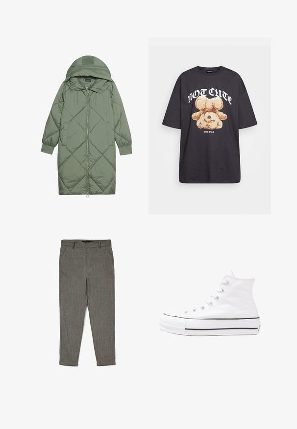 Quiltet lang grønn pufferjakke med hette, med en frontglidelås og to sidelommer. Teksturerte diamantmønster overalt.; Svart oversized t-skjorte med en grafikk av en bjørn og teksten "IKKE SØT, MEN VILL" i fet, hvit skrift. Laget av bomull.; Herre grå avsmalnede dressbukser med beltehemper, sidelommer og oppbrettede hem, laget av teksturert stoff.; Hvit høy-skinn kanvas sneakers med svart gummisåle, gummitåhette foran og seks hull for snorer, med et rent, minimalistisk design.