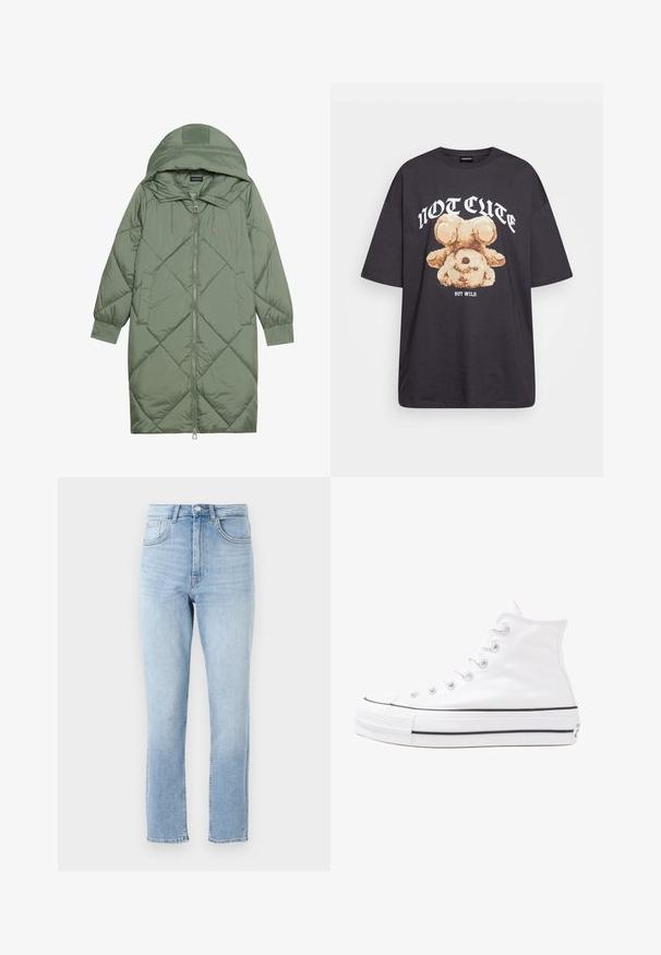Cele nouă pictate în verde închis, din material pufos, cu glugă, care dispune de închidere cu fermoar frontal și două buzunare laterale. Model texturat cu un model în diamant pe întreaga suprafață.; Tricou oversized negru featuring un grafic cu un urs și textul „NU E DRĂGUȚ DAR SUNT SĂLBATIC” în litere albe, îndrăznețe. Material din bumbac.; Blugi din denim de culoare albastru deschis, cu talie înaltă, picioare drepte, cinci buzunare și decolorare subtilă. Se închid cu un buton și un fermoar.; Adidași albi tip pantofi sport cu glezna din pânză, cu talpă din cauciuc negru, capac de vârf din cauciuc frontal și șase ochiuri pentru șireturi, având un design curat și minimalist.