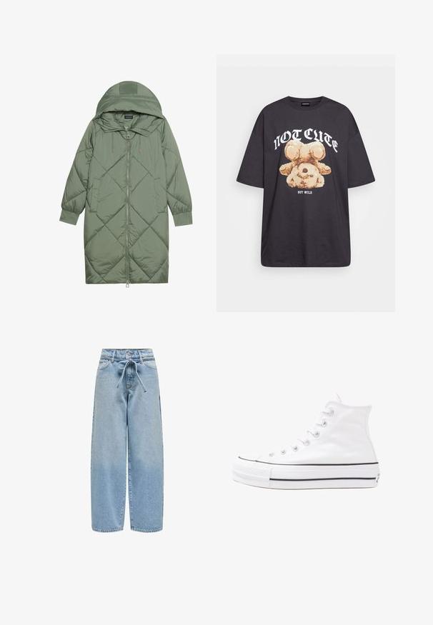 Quiltana duga zelena puffer jakna s kapuljačom, s prednjim zatvaračem i dva bočna džepa. Teksturni dijamantni uzorak kroz cijelu jaknu.; Crna oversized majica s grafikom medvjeda i natpisom "NIJE SLATKO, ALI DIVLJE" u podebljanim, bijelim slovima. Pamuk.; Svijetloplave traper široke hlače s vezicom u struku, pet džepova i blago oštećenim završetkom s malim mrljama kroz cijelu površinu.; Bijela visoka platnena tenisica s crnom gumenom potplatom, prednjim gumenim zaštitnikom prstiju i šest rupa za vezanje, s čistim, minimalističkim dizajnom.