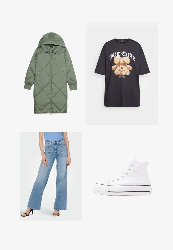 Quiltuotas ilgas žalias pūkinis paltas su kapuce, turintis priekinį užtrauktuką ir dvi šonines kišenes. Visame paviršiuje yra tekstūrinis rombų raštas.; Juodas per didelis marškinėliai su bearo grafika ir tekstu "NE SIAUBINGA, BET NERAMUS" bold baltomis raidėmis. Pagaminta iš medvilnės.; Šviesiai mėlyni džinsai plačiomis kojomis ir aukštu liemeniu, su matomomis siūlėmis ir klasikinio penkių kišenių dizainu. Priderinti su juodomis diržinėmis kulniukais.; Balti aukštakulniai drobės sportbačiai su juodu guminio pado, priekinio guminio piršto dangteliu ir šešiais akytėmis raištams, pasižymintys švariu, minimalistiniu dizainu.