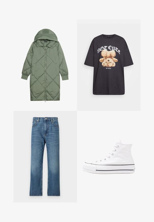 Cele nouă pictate în verde închis, din material pufos, cu glugă, care dispune de închidere cu fermoar frontal și două buzunare laterale. Model texturat cu un model în diamant pe întreaga suprafață.; Tricou oversized negru featuring un grafic cu un urs și textul „NU E DRĂGUȚ DAR SUNT SĂLBATIC” în litere albe, îndrăznețe. Material din bumbac.; Jeans din denim albastru cu un design drept, stil cu cinci buzunare și un finisaj decolorat. Prezintă un închidere cu nasture și fermoar la talie.; Adidași albi tip pantofi sport cu glezna din pânză, cu talpă din cauciuc negru, capac de vârf din cauciuc frontal și șase ochiuri pentru șireturi, având un design curat și minimalist.