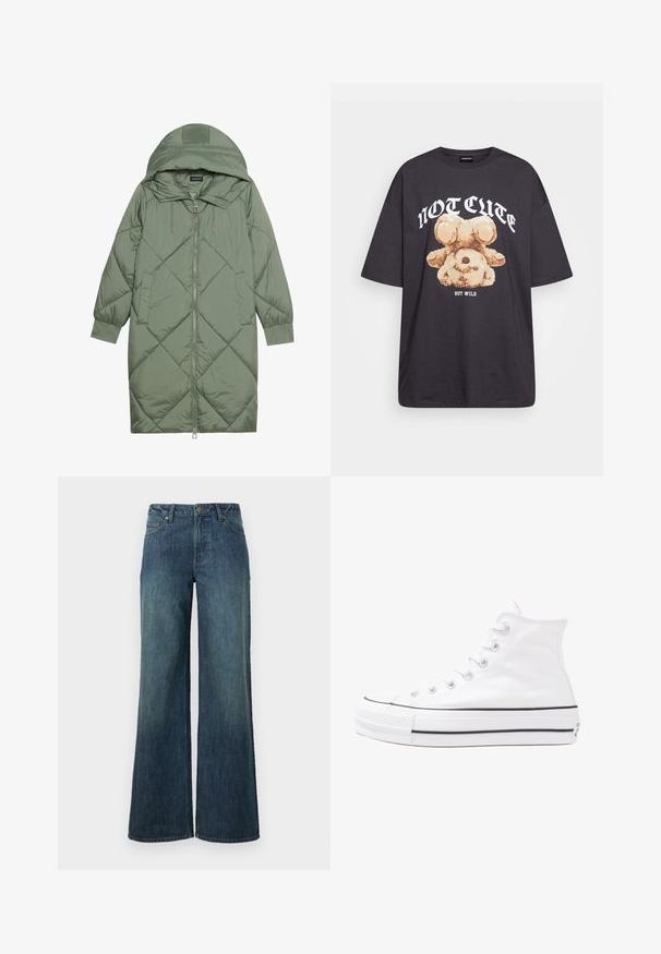 Izšūts garš zaļš pūšļa mētelis ar kapuci, ar priekšējo rāvējslēdzēju un divām sānu kabatām. Visā virsmā ir teksturēta dimanta raksts.; Melna, pārmērīga t-kreklu, kurā attēlots lācis ar uzrakstu "NAV MIERĪGS, BET VILKIS" treknos baltos burtiem. Izgatavots no kokvilnas materiāla.; Platas kājiņas džinsi tumši zilā denima ar izbalējušu mazgāšanu. Iekļauj piecas kabatas, jostas cilpas un rāvējslēdzēju ar pogas aizdari.; Balti augstie kanvas sporta apavi ar melnu gumijas zoli, priekšējo gumijas purngalu un sešām acīm lencēm, kuriem ir tīrs, minimālistisks dizains.