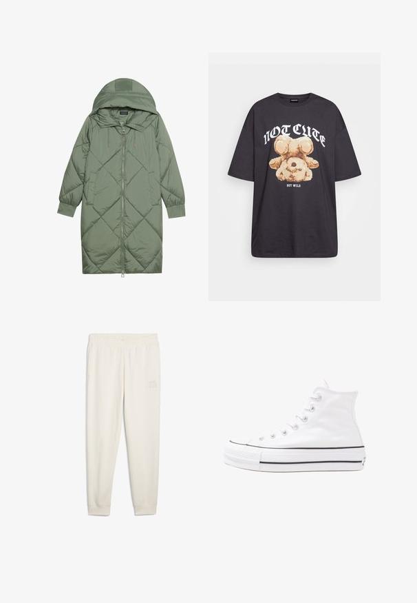 Izšūts garš zaļš pūšļa mētelis ar kapuci, ar priekšējo rāvējslēdzēju un divām sānu kabatām. Visā virsmā ir teksturēta dimanta raksts.; Melna, pārmērīga t-kreklu, kurā attēlots lācis ar uzrakstu "NAV MIERĪGS, BET VILKIS" treknos baltos burtiem. Izgatavots no kokvilnas materiāla.; Krēmkrāsas sporta bikses, kas izgatavotas no mīkstas auduma, ar elastīgu jostu, sānu kabatām un mazu logotipa uzlīmi uz kreisā augšstilba.; Balti augstie kanvas sporta apavi ar melnu gumijas zoli, priekšējo gumijas purngalu un sešām acīm lencēm, kuriem ir tīrs, minimālistisks dizains.