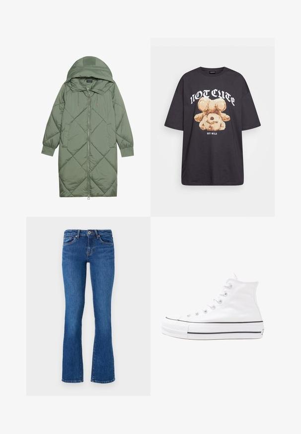 Abrigo acolchado largo verde tipo puffer con capucha, que presenta un cierre frontal con cremallera y dos bolsillos laterales. Patrón de diamantes texturizado en toda su superficie.; Camiseta negra de gran tamaño con un gráfico de un oso y el texto "NO LINDO SINO SALVAJE" en letras blancas y en negrita. Material de algodón.; Jeans de mezclilla acampanados en azul medio con una textura sutil. Presenta cinco bolsillos, una cremallera frontal y costuras en contraste a lo largo de las costuras.; Zapatilla de lona alta blanca con suela de goma negra, puntera de goma frontal y seis ojetes para los cordones, que presenta un diseño limpio y minimalista.