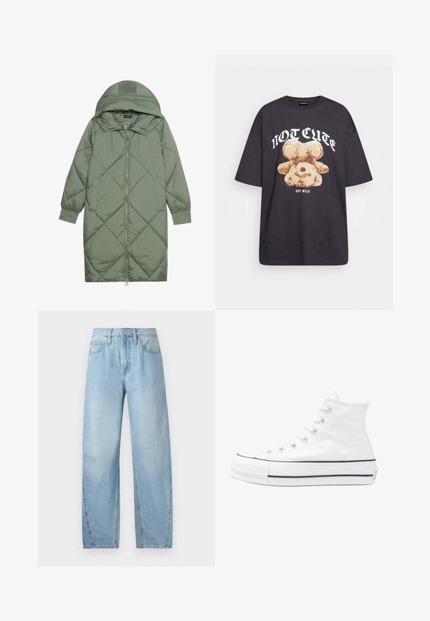 Vihreä vuorattu pitkänmallinen puhvitakki, jossa on huppu, etuvetoketju ja kaksi sivutaskua. Koko takin pinta on teksturoidussa timanttikuviossa.; Mustat ylisuurent-paidat, joissa on karhun grafiikka ja teksti "EI SULOINEN VAAN VILLI" rohkealla valkoisella fontilla. Puuvillamateriaali.; Vaaleansiniset farkut suoranlahkeisella muotoilulla, viidellä taskulla ja vetoketjulla. Korostaa näkyvää ompelua ja metallisia yksityiskohtia.; Valkoiset korkeavartiset kangaskengät mustalla kumipohjalla, edessä kuminen varvasosa ja kuusi nauha-aukkoa, puhtaan minimalistisella muotoilulla.