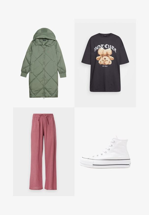 Quilted long green puffer coat with a hood, featuring a front zipper closure and two side pockets. Textured diamond pattern throughout.; Black oversized t-shirt featuring a graphic of a bear with the text “NOT CUTE BUT WILD” in bold, white lettering. Cotton material.; Lightweight, wide-legged pants in a soft, dusty rose color. Features an elastic waist with a drawstring for adjustability. Textured fabric.; White high-top canvas sneaker with black rubber sole, front rubber toe cap, and six eyelets for laces, featuring a clean, minimalist design.