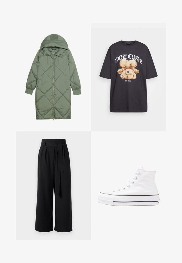 Zelený prešívaný páperový kabát s kapucňou, so zipsovým uzáverom vpredu a dvoma bočnými vreckami. Po celom povrchu je textúrovaný diamantový vzor.; Čierne oversized tričko s grafikou medveďa a textom "NIE ROZTOMILÉ ALE DIVOKÉ" v tučnom bielom písmene. Bavlnený materiál.; Čierne široké nohavice vyrobené z ľahkej látky, s viazaným pásom, skladačkami a skráteným strihom nad členkami.; Biele vysoké plátené tenisky s čiernou gumovou podošvou, prednou gumovou špičkou a šiestimi okami na šnúrky, s čistým, minimalistickým dizajnom.