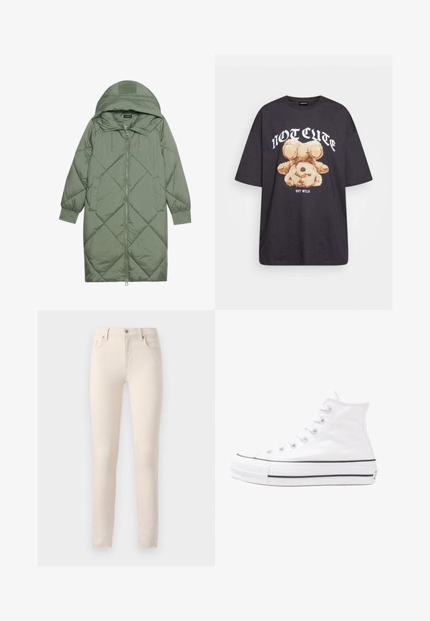 Quiltana duga zelena puffer jakna s kapuljačom, s prednjim zatvaračem i dva bočna džepa. Teksturni dijamantni uzorak kroz cijelu jaknu.; Crna oversized majica s grafikom medvjeda i natpisom "NIJE SLATKO, ALI DIVLJE" u podebljanim, bijelim slovima. Pamuk.; Bež traperice uskog kroja izrađene od mješavine pamuka. Imaju klasičan dizajn s pet džepova, prednji patentni zatvarač i kopčanje na gumb.; Bijela visoka platnena tenisica s crnom gumenom potplatom, prednjim gumenim zaštitnikom prstiju i šest rupa za vezanje, s čistim, minimalističkim dizajnom.