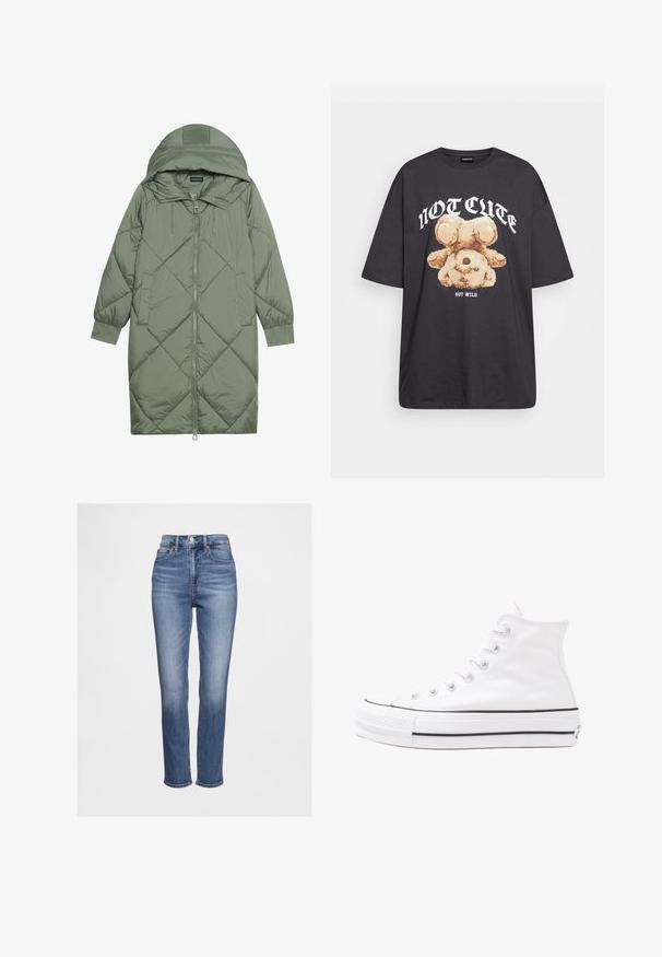 Casaco puffer longo verde acolchoado com capuz, apresentando um fecho frontal com zíper e dois bolsos laterais. Padrão texturizado em forma de diamante por todo o casaco.; T-shirt oversized preto com uma gráfica de um urso e o texto "NÃO FOFO, MAS SELVAGEM" em letras brancas e em negrito. Material em algodão.; Jeans de denim azul de cintura alta com perna reta, apresentando um leve efeito de desgaste, design clássico de cinco bolsos e fecho em botão de metal.; Sapatilha alta de tela branca com sola de borracha preta, bico de borracha na frente e seis ilhós para os atacadores, apresentando um design limpo e minimalista.