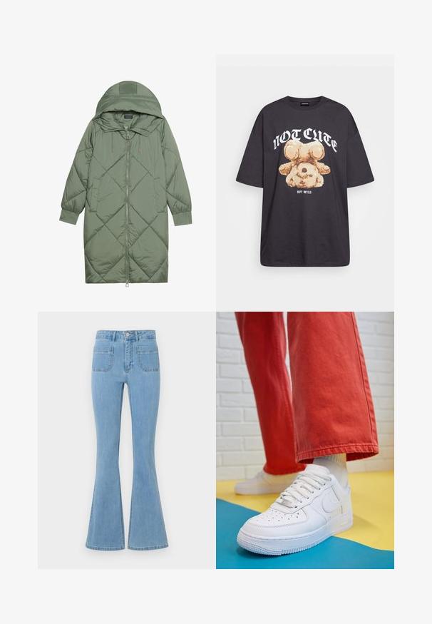 Casaco puffer longo verde acolchoado com capuz, apresentando um fecho frontal com zíper e dois bolsos laterais. Padrão texturizado em forma de diamante por todo o casaco.; T-shirt oversized preto com uma gráfica de um urso e o texto "NÃO FOFO, MAS SELVAGEM" em letras brancas e em negrito. Material em algodão.; Jeans de boca de sino em azul claro com cintura alta, cinco bolsos e uma textura de denim suave com costuras detalhadas ao longo das costuras.; Sapatilha de couro branca com biqueira perfurada, sola texturizada e atacadores brancos, combinada com calças largas vermelhas e um fundo azul e amarelo.